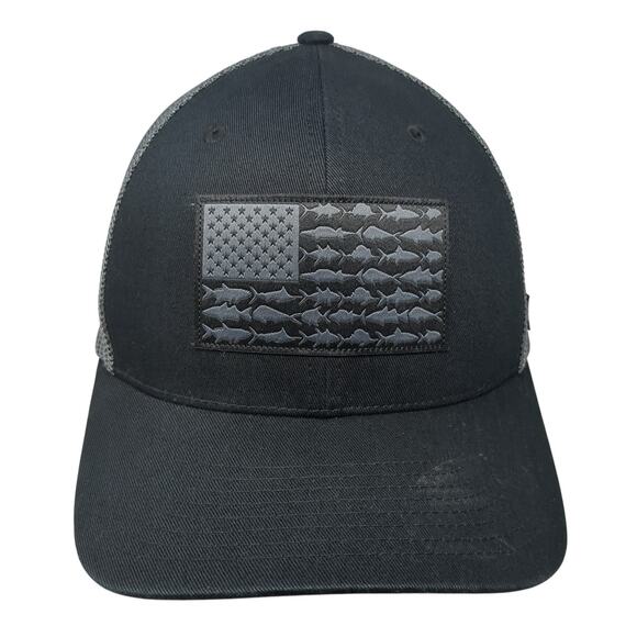 Columbia PFG Fish Flag Fitted Trucker Cap Black Medium Mesh Back Patriotic - Picture 1 of 10